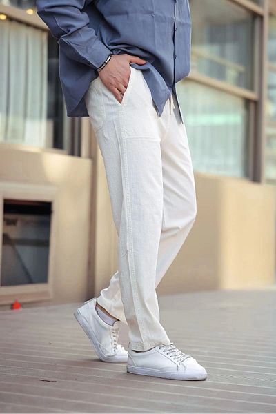 1blood White Color Men's Summer Linen Blend Relaxed Trousers - White