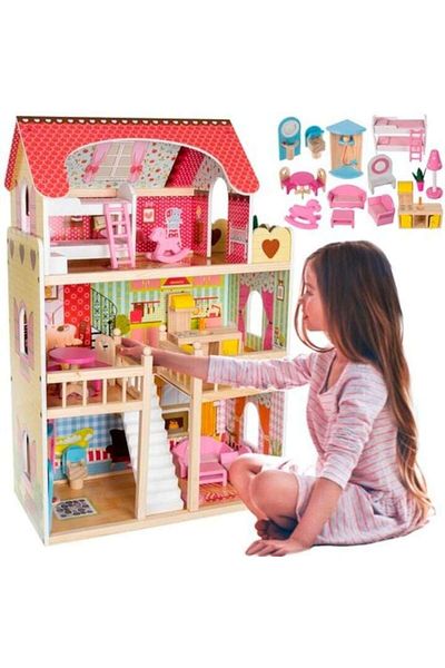 indiggo Casă de păpuși din lemn PinkPalace cu lumini LED