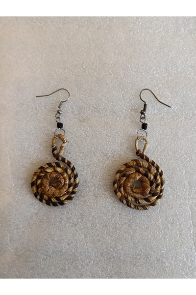Butik Tülin Authentic Handmade Coffee Beige Dry Banana Tree Leaf Wrapped Ring Dangle Earrings 7X3 cm Kenya