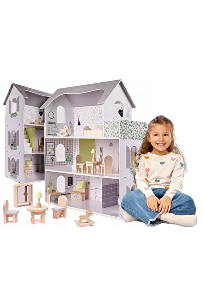 indiggo Casuta de Papusi, din Lemn de Calitate, Fancy Villa, 3 Niveluri, 4 Camere, Balcon si Scara Interioar