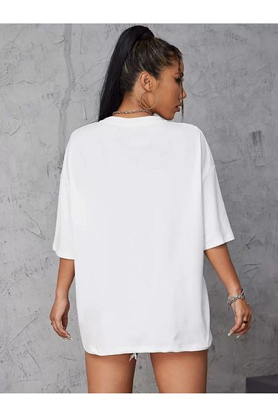 ELNOYA Unisex White Oversize T-Shirt "Flower" Printed Comfortable Casual T-Shirt