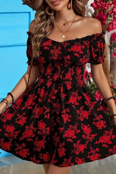 Mossta Madonna Collar Elastic Waist Floral Patterned Single Jersey Dress - Black
