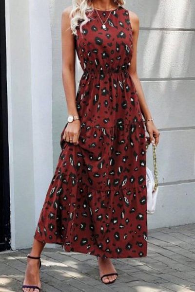 Mossta Crew Neck Sleeveless Maxi Dress with Elastic Waist - Red