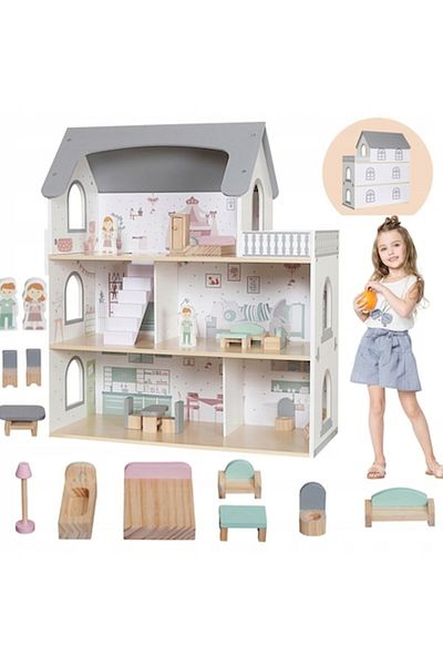 indiggo SweetDollHouse Casă de păpuși din lemn cu iluminare LED, 3 niveluri, 5 camere și terasă, include 12 locuri de acces