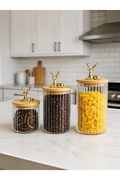 Kezze 3-Piece Borosilicate Glass Storage Container Jar with Bamboo Lid, Glass Deer Figure, Stylish Striped Kitchen Set