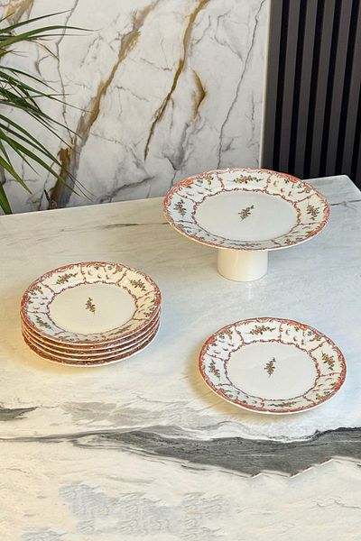 MAY HOME 7 Piece Porcelain Cake Presentation Set with Stand & Footed Cake Pie Cookie Serving Set