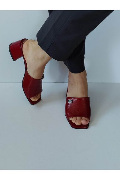 ERS Air Comfort Women's Burgundy Patent Leather Genuine Leather Heeled Slippers with Buckle Daily