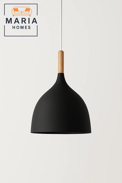 MARIA HOMES Black Matte Pendant Light with Wooden Top