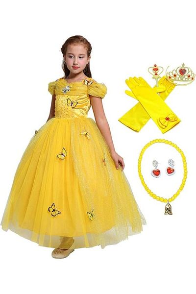 Funny Party Shop Belle girls carnival costume, dress with butterflies and accessories, 9-10 years, 132-140cm