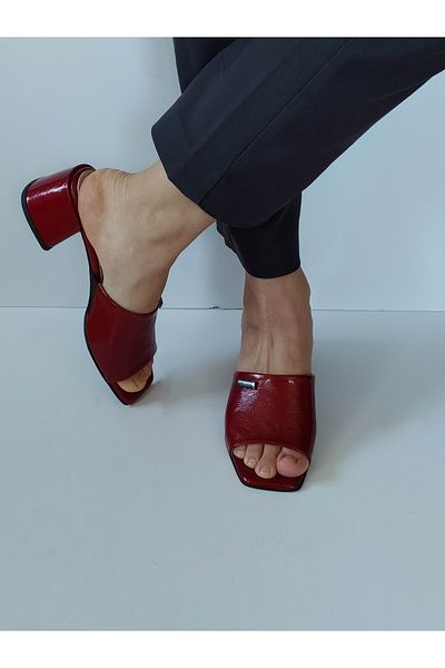 ERS Air Comfort Women's Burgundy Patent Leather Genuine Leather Heeled Slippers with Buckle Stylish Daily
