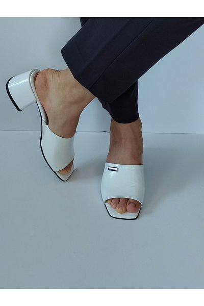 ERS Air Comfort Women's White Patent Leather Genuine Leather Heeled Slippers with Buckle Stylish Daily