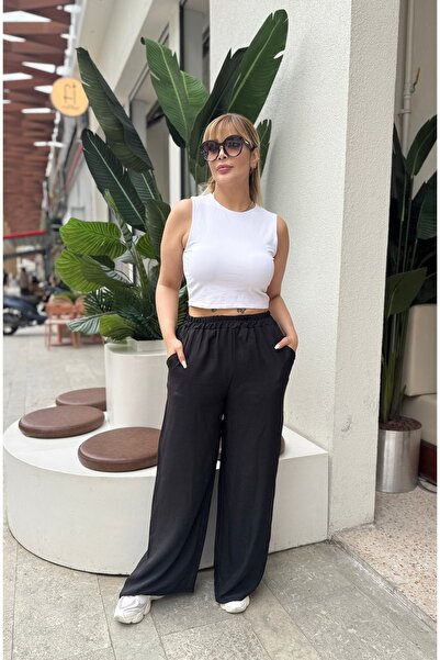 Butik Nilyam Women's Plus Size Sofia Linen Casual Trousers with Elastic Waist and Pockets 21070