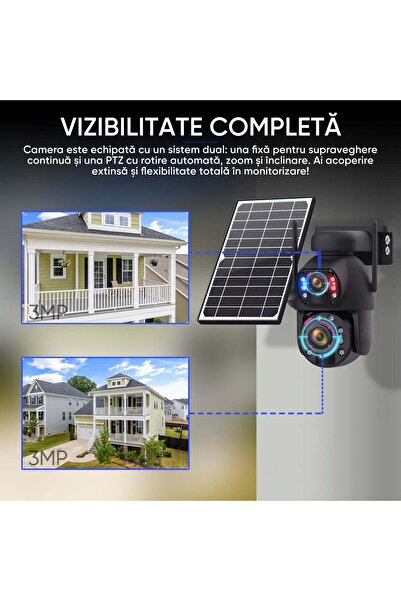 HexaCraft Cameră solară duală 3MP 4G, zoom 50x, detectare umană prin inteligență artificială, distanță de 150 m pe timp de noapte, fără WiFi, IP66