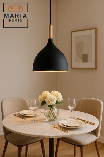 MARIA HOMES Black Matte Pendant Light with Wooden Top