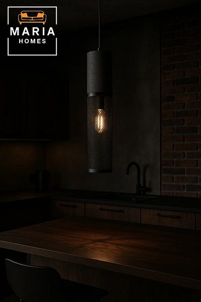 MARIA HOMES Tall Cylindrical Black Mesh Pendant Light