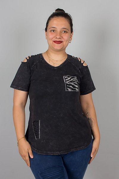 Truva XXL Black V-Neck Shoulder Detail Stoned Washed Cotton Blouse – Stylish and Comfortable Design