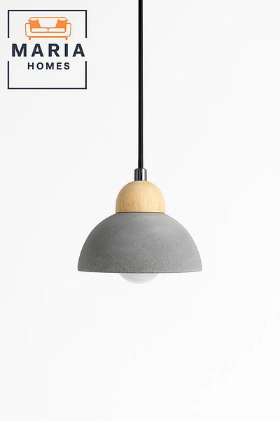 MARIA HOMES Textured Grey Dome Pendant Light with Wood Top