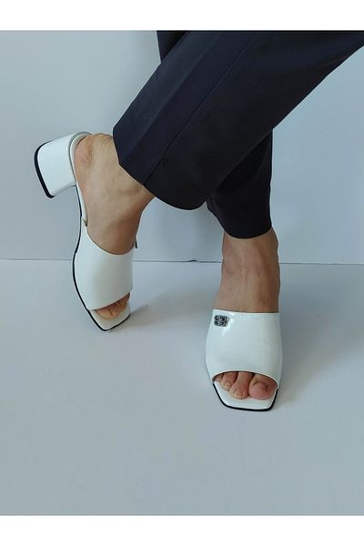 ERS Air Comfort Women's White Patent Leather Genuine Leather Heeled Slippers with Buckle Daily