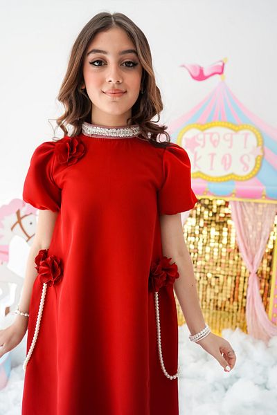 Totikids Girls' red dress with elegant design and rose and pearl decorations - 1011