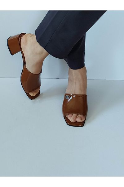 ERS Air Comfort Women's Tan Patent Leather Genuine Leather Heeled Slippers with Buckle Daily
