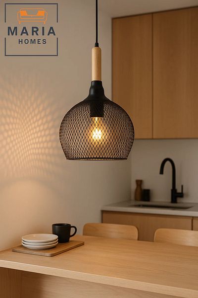 MARIA HOMES Modern Triple Drop Pendant Light in Grey and Wood