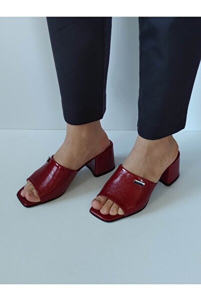 ERS Air Comfort Women's Burgundy Patent Leather Genuine Leather Heeled Slippers with Buckle Stylish Daily