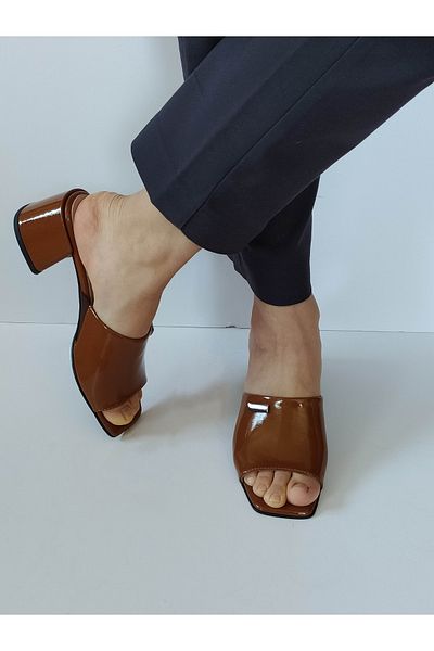 ERS Air Comfort Women's Tan Patent Leather Genuine Leather Heeled Slippers with Buckle Stylish Daily