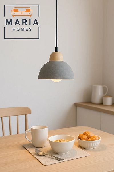 MARIA HOMES Textured Grey Dome Pendant Light with Wood Top