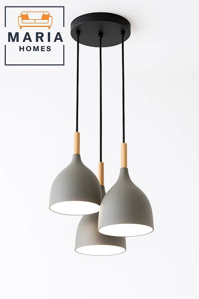 MARIA HOMES Triple Pendant Light with Wood and Matte Grey Finish