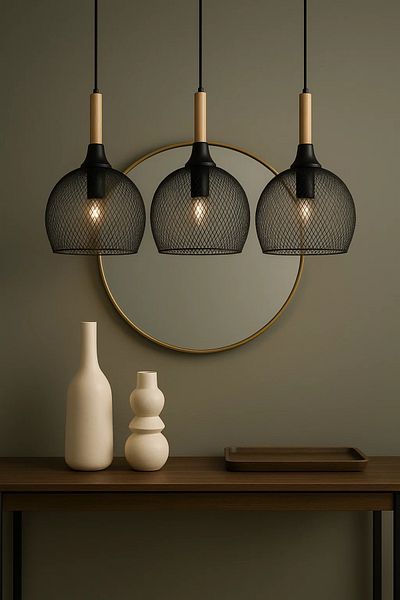 MARIA HOMES Triple Black Wire Mesh Pendant Light with Wood Tops