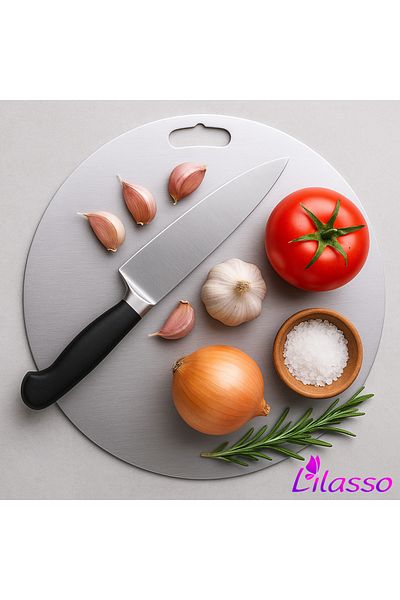 Lilasso Stainless Steel Round Kitchen Cutting-Chopping Board 24.5 cm Diameter (Antibacterial)