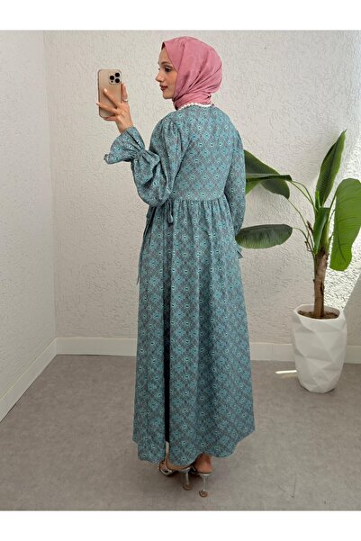 Modamorfo Half Button Waist Lace-Up Patterned Dress -Mint