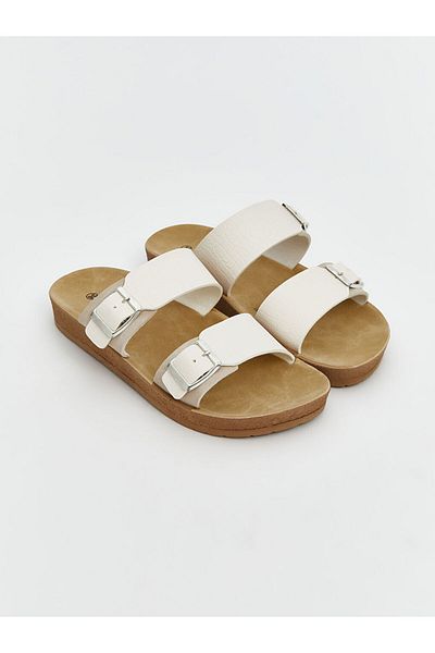 LC Waikiki Lcw Steps Beige Leather Look Double Banded Women's Slippers