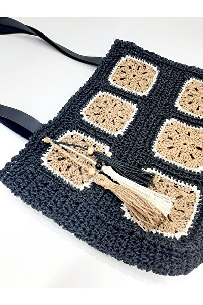 Goshıkı El Örgüsü Deri Askılı Kağıt Ip Kadınomuz Çantası (RENK SİYAH)28x40