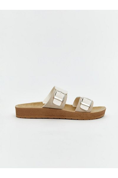 LC Waikiki Lcw Steps Beige Leather Look Double Banded Women's Slippers