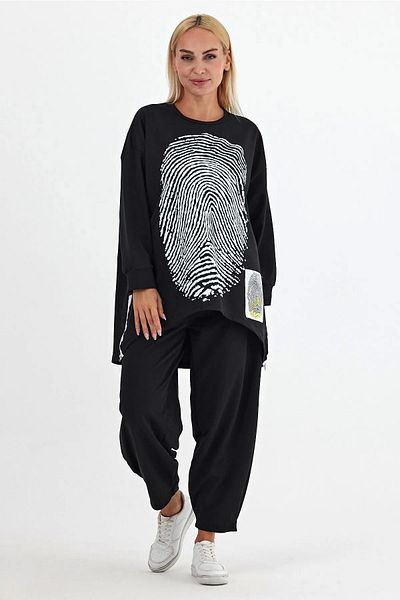 CELT Women's Baggy Model Printed Oversize Double Top-Top Set - Black Ll