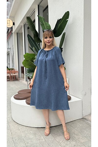 Butik Nilyam Women's Plus Size Rubber Neck Short Sleeve Sofia Linen Dress