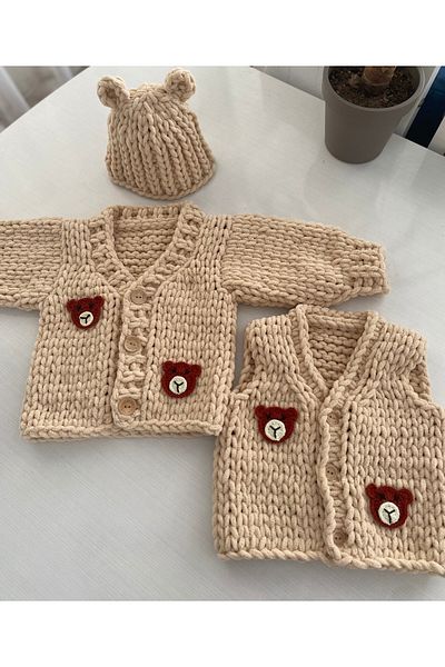 ÖRGÜCÜ DESİGN Puffy Baby Rompers Cardigan Vest Suit