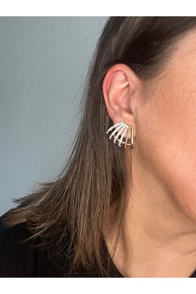 ALS Tasarım Dünyası Women's Gold and Zircon Stone Single Ear Hole Multi-Look Earrings