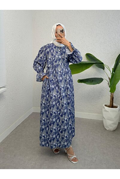 Modamorfo Half Button Waist Lace-Up Patterned Dress -Indigo