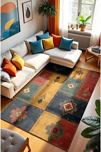 MUN HOME Etnik renkli modern Desenli patchwork Vintage Dokuma Taban Dijital B...