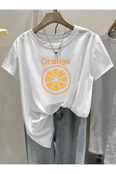PALPİTO Дамска бяла оранжева тениска с щампа Oversize