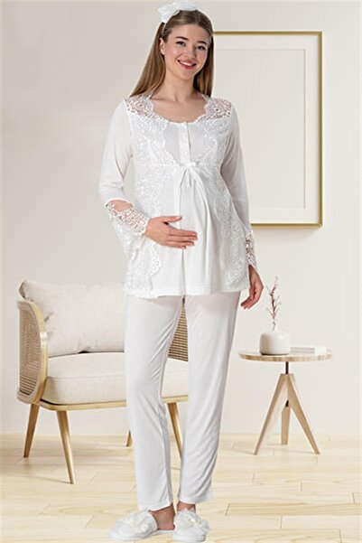 By Mecit Pijama طقم بيجامة نسائية للحمل بأزرار أمامية ومفصلة من الدانتيل