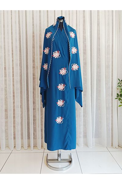 Misue Handmade Medina Silk Embroidered Tie Prayer Dress + Shawl, Silk Dressing Gown, Dowry Prayer Dress & Dressing Gown