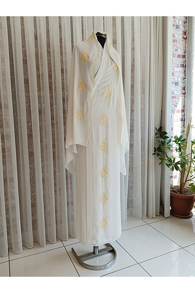 Misue Handmade Medina Silk Embroidered Tied Prayer Dress+shawl, Silk Morning Gown, Dowry Prayer Dress & Morning Gown
