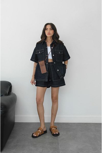 Havoş Navy Blue Shorts Shirt Denim Suit