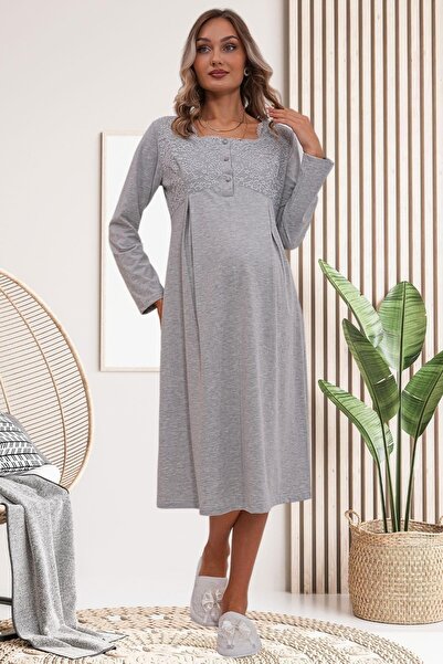 By Mecit Pijama Women's Lace Woven Detailed Buttoned Maternity Nightgown