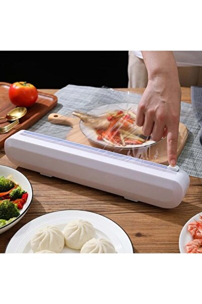 FOXMAG24 Dispenser folie alimentară cu lamă și buton dublu de tăiere, ventuze, 37×6.2×5.2 cm, alb