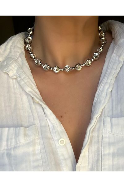 CHARMLUCKY Steel Stone Choker Necklace