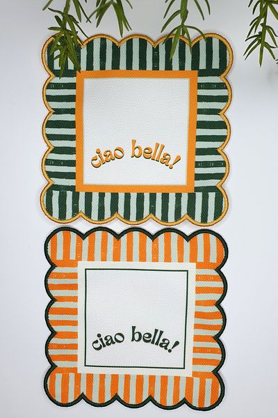 decofav Ciao Bella Line Design Mustard Green Embroidery Edge Cocktail Χαρτοπετσέτα 2 τεμαχίων